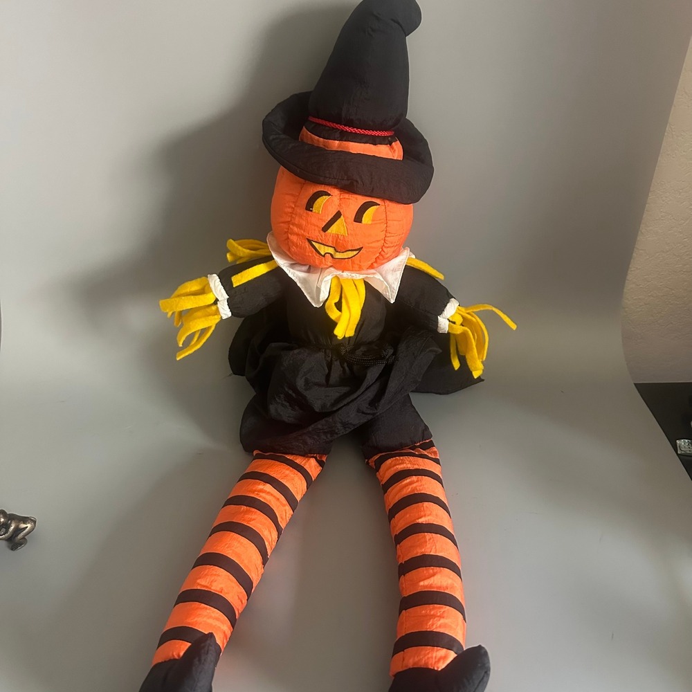 Vintage 1993 International Silver Co Pumpkin Scarecrow Plush Halloween Doll 27in